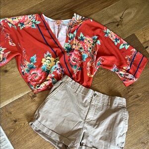 Flying Tomato Red Floral Top and Tan Shorts Set